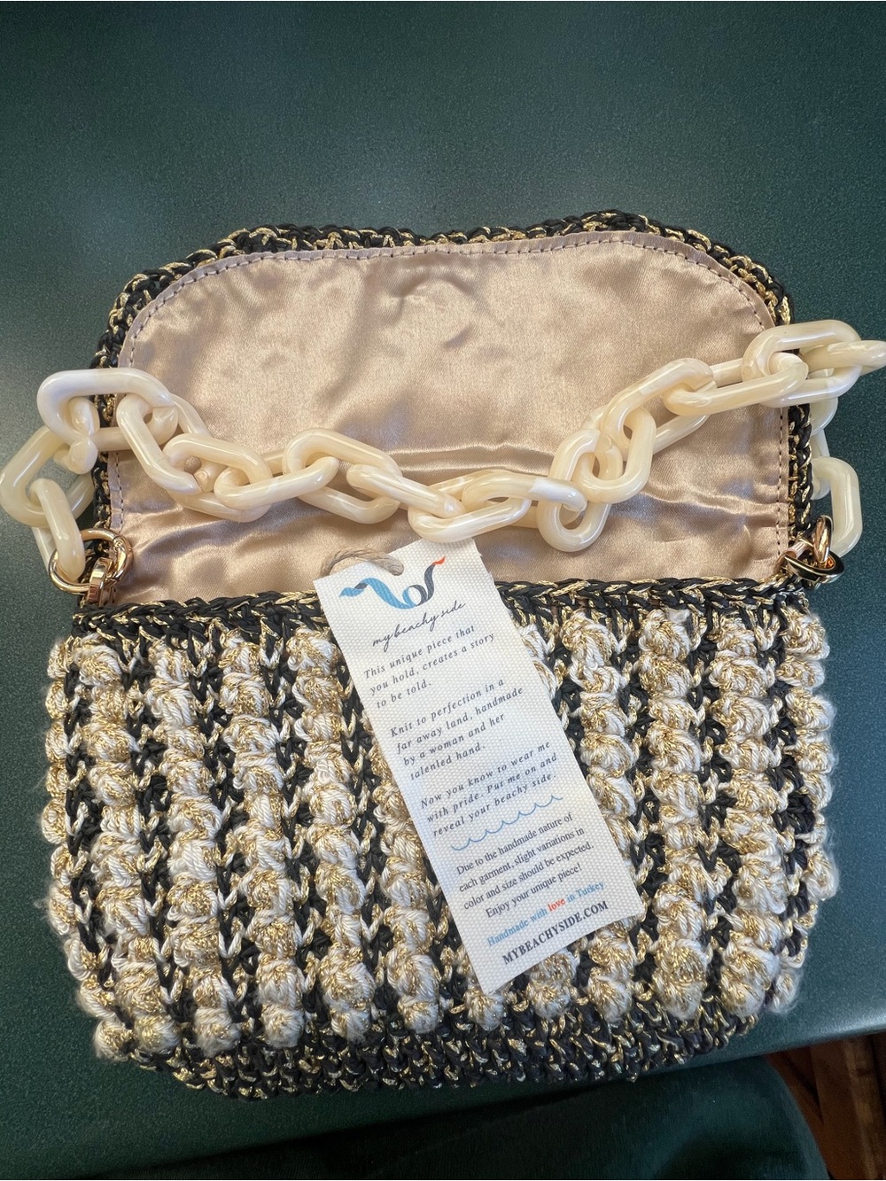 My Beachy Side | Handmade Black Gold Cream Hand-knit Purse - Picture 5 of 16